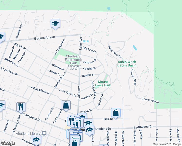 map of restaurants, bars, coffee shops, grocery stores, and more near 999 Wapello Street in Altadena