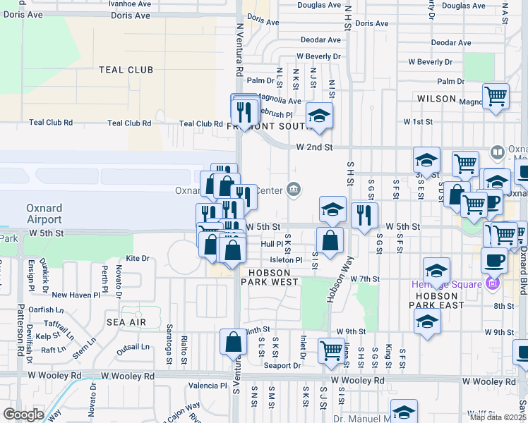 map of restaurants, bars, coffee shops, grocery stores, and more near 450 South Ventura Road in Oxnard