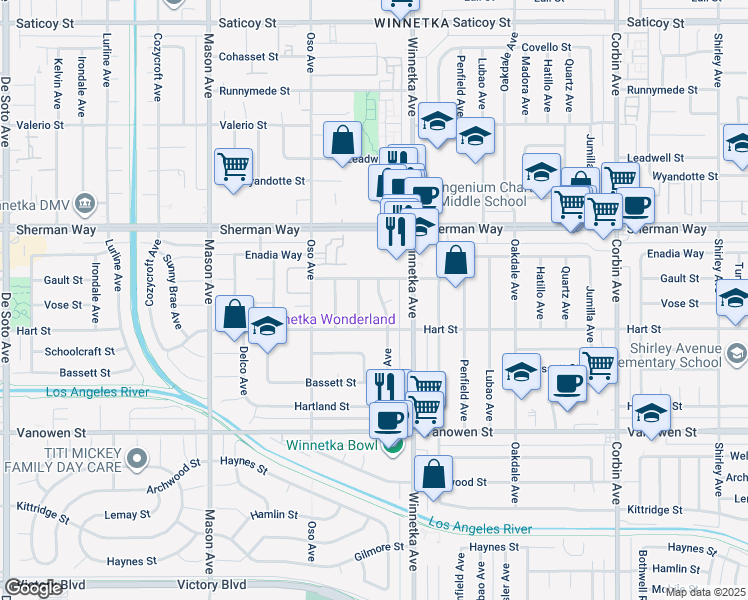 map of restaurants, bars, coffee shops, grocery stores, and more near 7035 Comanche Avenue in Los Angeles