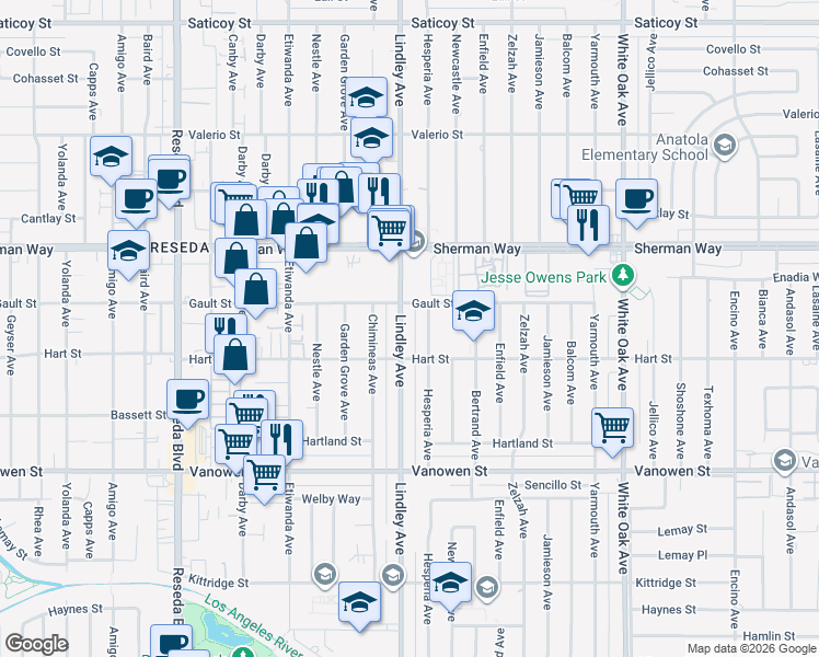 map of restaurants, bars, coffee shops, grocery stores, and more near 7032 Lindley Ave in Los Angeles