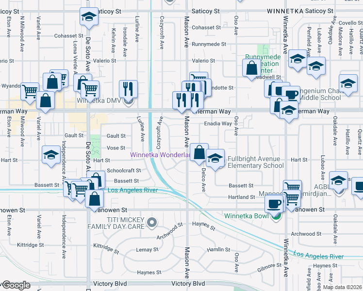map of restaurants, bars, coffee shops, grocery stores, and more near 20511 Vose Street in Los Angeles