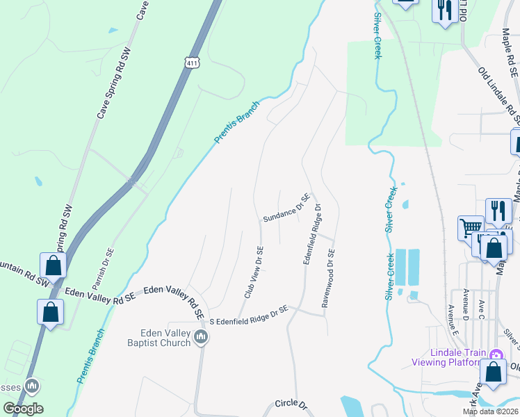 map of restaurants, bars, coffee shops, grocery stores, and more near 36 Club View Drive Southeast in Rome