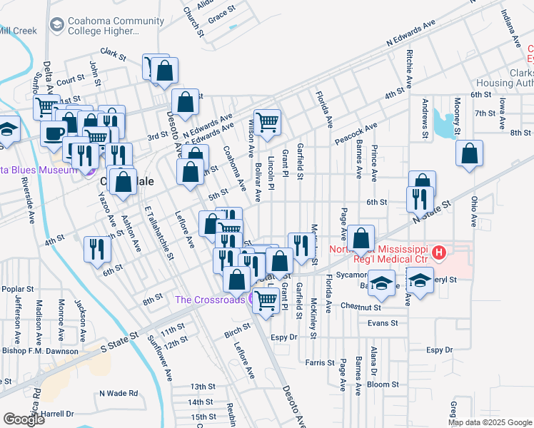 map of restaurants, bars, coffee shops, grocery stores, and more near 611 Lincoln Place in Clarksdale