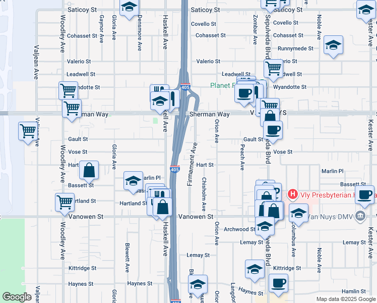 map of restaurants, bars, coffee shops, grocery stores, and more near 7039 Firmament Avenue in Los Angeles