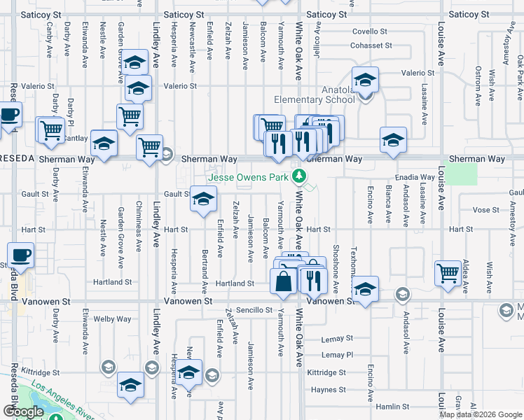 map of restaurants, bars, coffee shops, grocery stores, and more near 7031 Balcom Avenue in Los Angeles