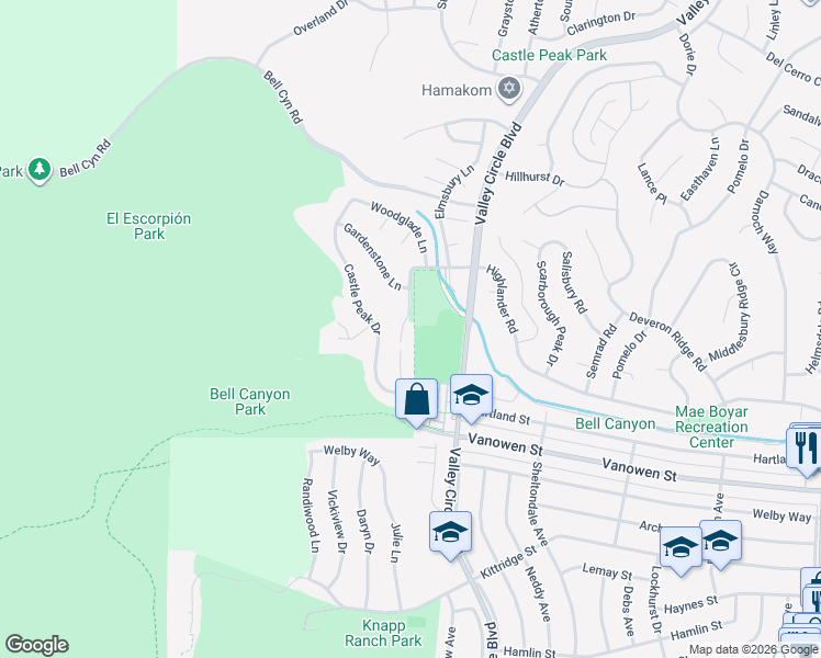 map of restaurants, bars, coffee shops, grocery stores, and more near 7000 Shade Tree Lane in Los Angeles