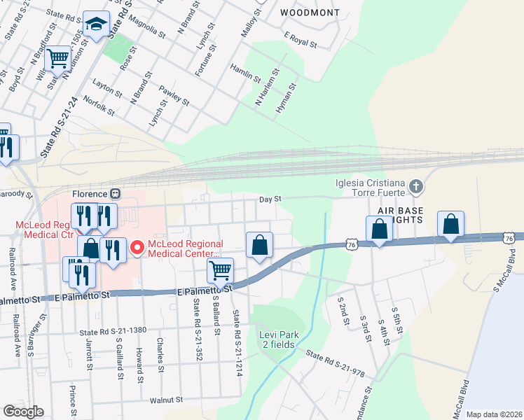 map of restaurants, bars, coffee shops, grocery stores, and more near 106 Heard Street in Florence