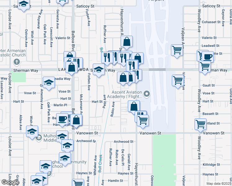 map of restaurants, bars, coffee shops, grocery stores, and more near 7032 Rubio Avenue in Los Angeles