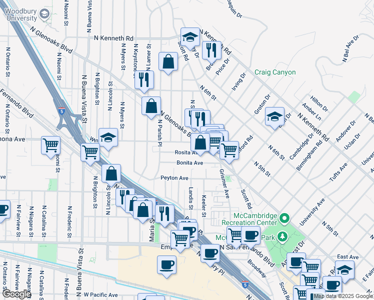 map of restaurants, bars, coffee shops, grocery stores, and more near 1909 Rosita Avenue in Burbank