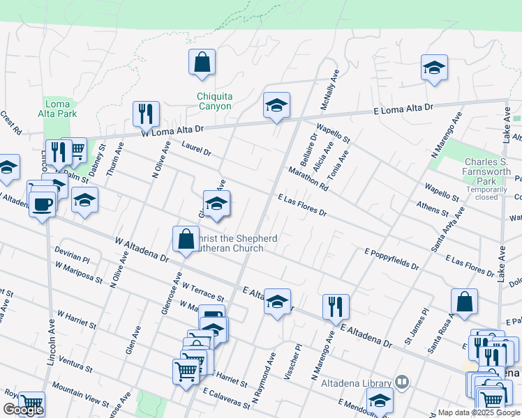 map of restaurants, bars, coffee shops, grocery stores, and more near 3111 North Fair Oaks Avenue in Altadena