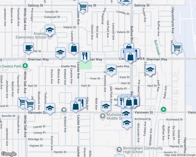 map of restaurants, bars, coffee shops, grocery stores, and more near 17114 Vose Street in Los Angeles