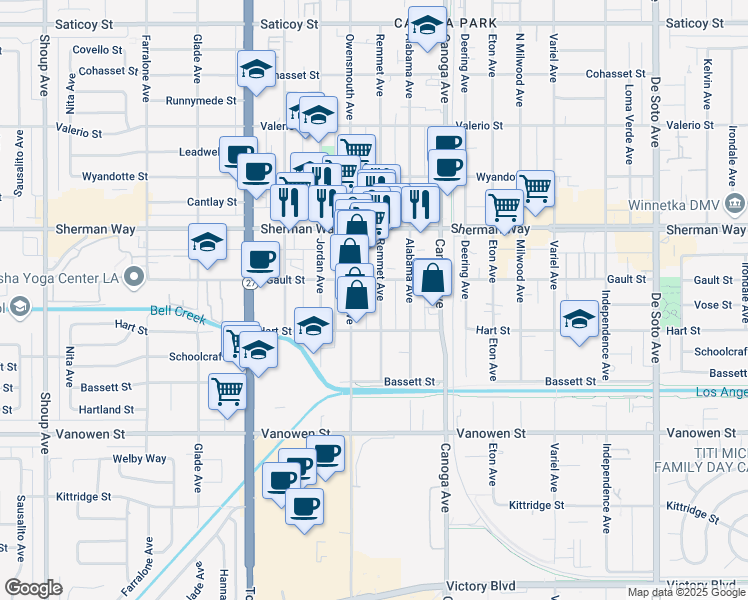 map of restaurants, bars, coffee shops, grocery stores, and more near 7039 Remmet Avenue in Los Angeles
