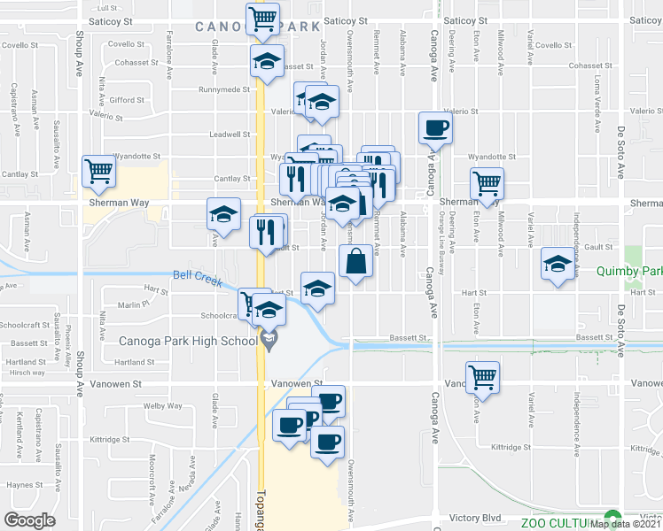 map of restaurants, bars, coffee shops, grocery stores, and more near 7041 Owensmouth Avenue in Los Angeles