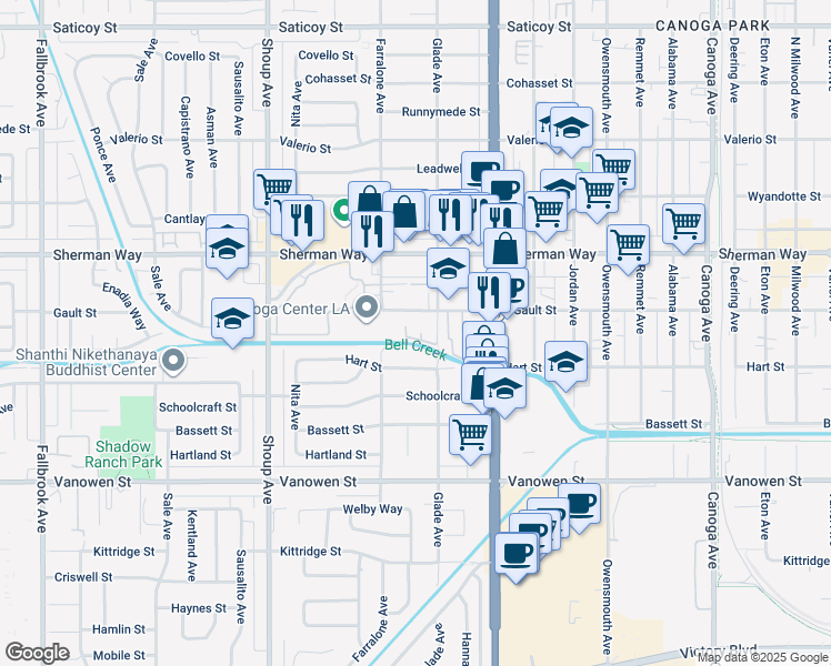 map of restaurants, bars, coffee shops, grocery stores, and more near 7025 Glade Avenue in Los Angeles