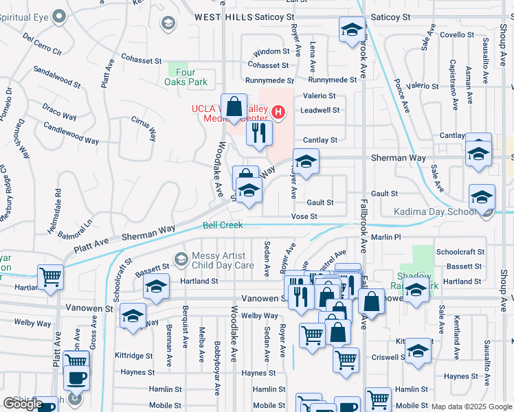 map of restaurants, bars, coffee shops, grocery stores, and more near 23130 Sherman Way in Los Angeles
