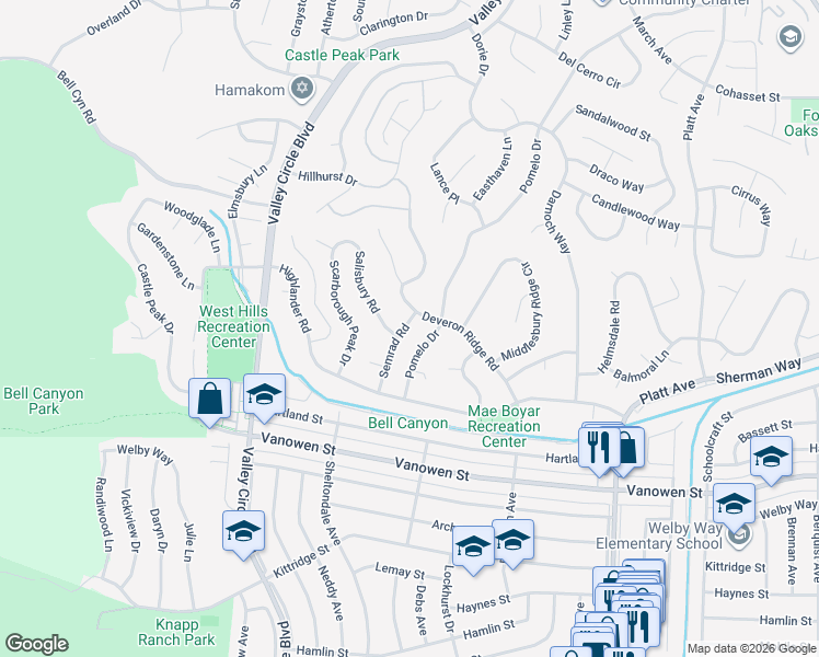 map of restaurants, bars, coffee shops, grocery stores, and more near 7051 Pomelo Drive in Los Angeles