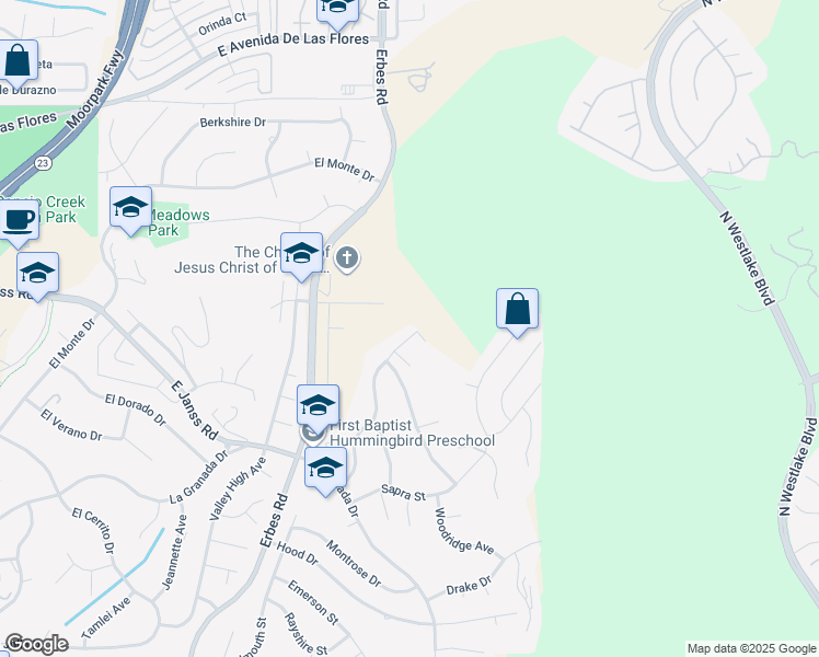 map of restaurants, bars, coffee shops, grocery stores, and more near 1609 Wilder Street in Thousand Oaks