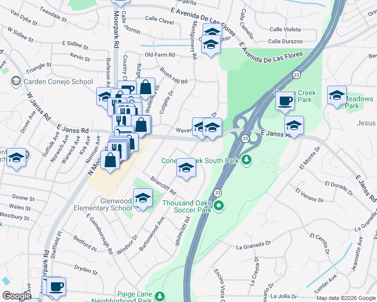 map of restaurants, bars, coffee shops, grocery stores, and more near 1080 Windsor Drive in Thousand Oaks