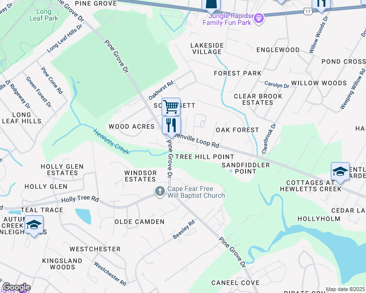 map of restaurants, bars, coffee shops, grocery stores, and more near 5130 Tidal Oaks in Wilmington