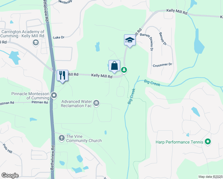 map of restaurants, bars, coffee shops, grocery stores, and more near 2145 Red Barn Court in Cumming