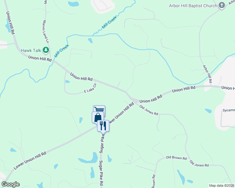 map of restaurants, bars, coffee shops, grocery stores, and more near 6075 Union Hill Road in Canton