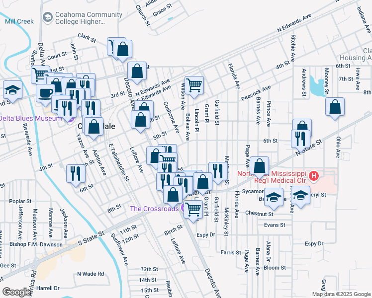 map of restaurants, bars, coffee shops, grocery stores, and more near 611 Lincoln Place in Clarksdale