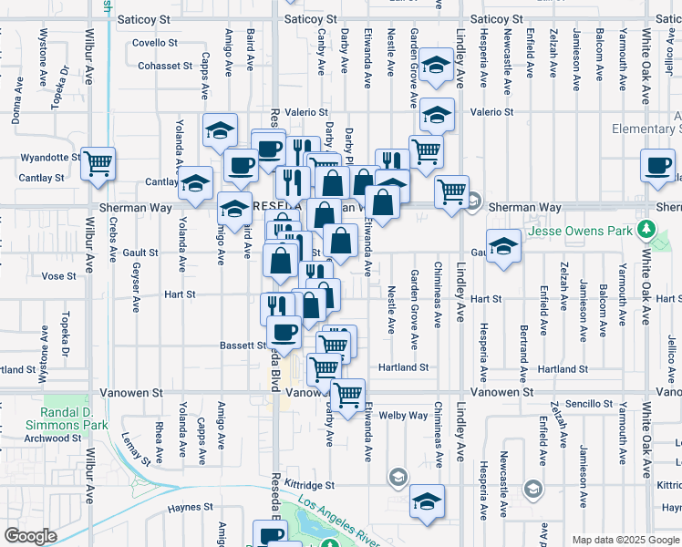map of restaurants, bars, coffee shops, grocery stores, and more near 7032 Darby Avenue in Los Angeles