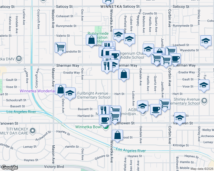 map of restaurants, bars, coffee shops, grocery stores, and more near 20121 Comanche Avenue in Los Angeles