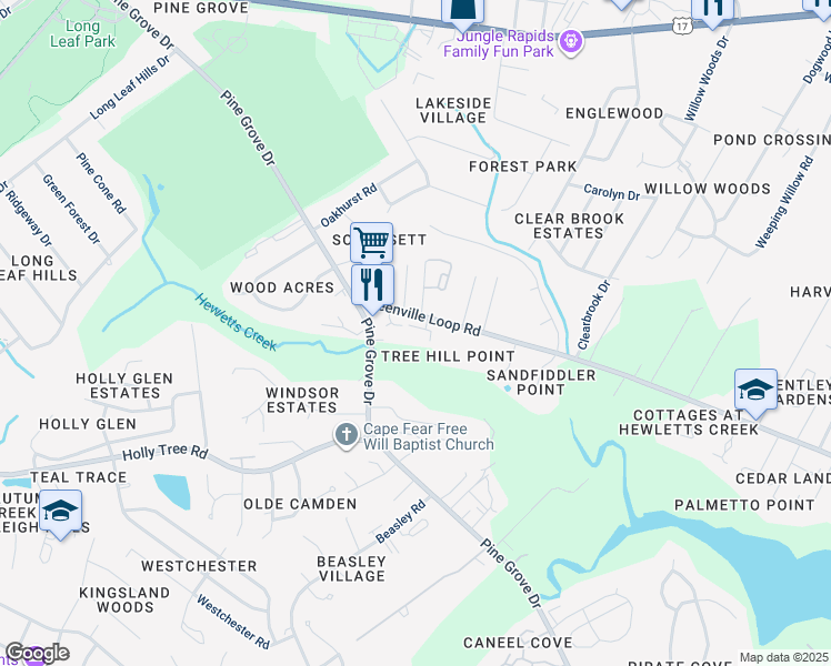 map of restaurants, bars, coffee shops, grocery stores, and more near 5134 Greenville Loop Road in Wilmington