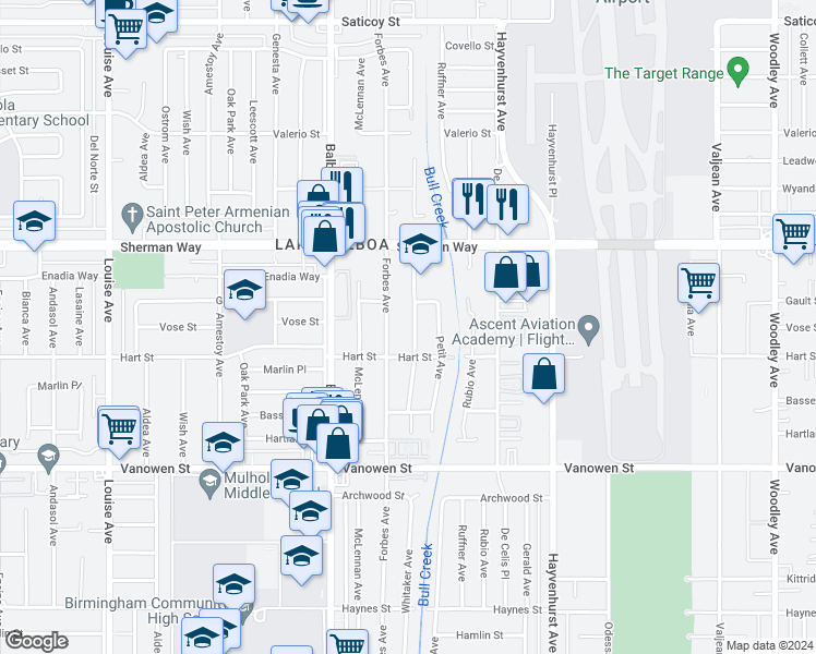 map of restaurants, bars, coffee shops, grocery stores, and more near 7031 Whitaker Avenue in Los Angeles