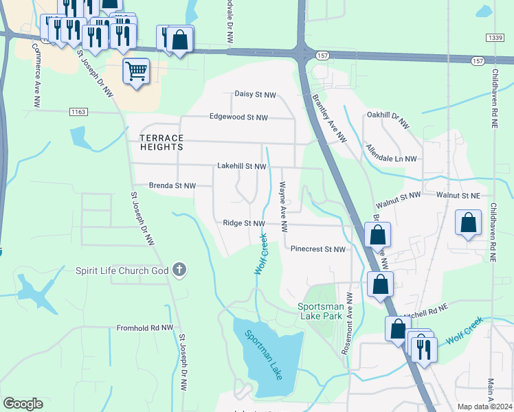 map of restaurants, bars, coffee shops, grocery stores, and more near 1742 Highland Drive Northwest in Cullman