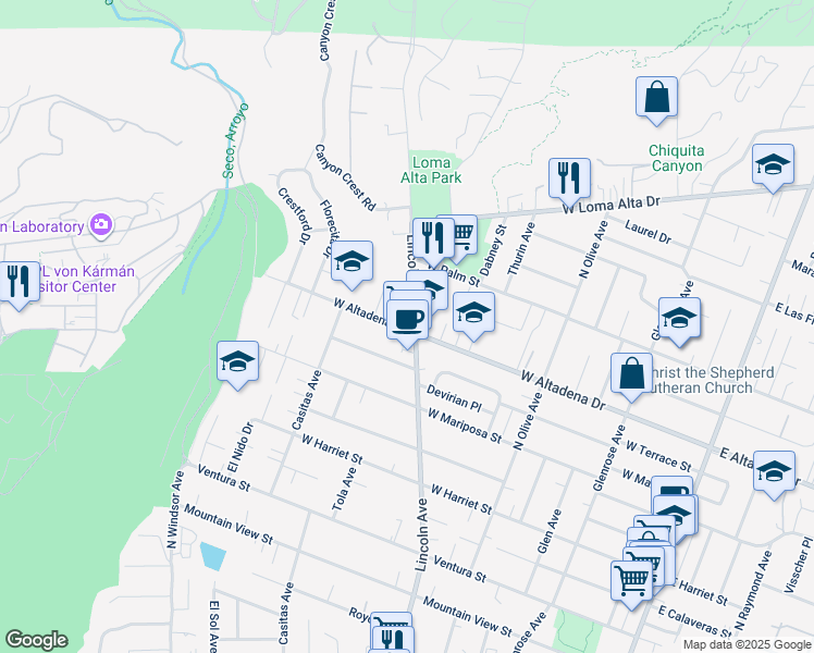 map of restaurants, bars, coffee shops, grocery stores, and more near 619 West Altadena Drive in Altadena