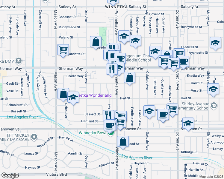 map of restaurants, bars, coffee shops, grocery stores, and more near 20121 Comanche Avenue in Los Angeles
