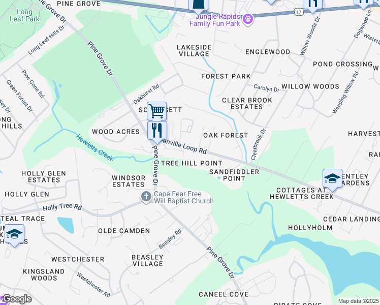 map of restaurants, bars, coffee shops, grocery stores, and more near 5220 Greenville Loop Road in Wilmington
