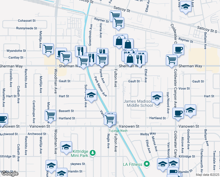 map of restaurants, bars, coffee shops, grocery stores, and more near 7028 Nagle Avenue in Los Angeles