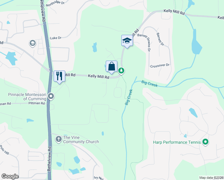map of restaurants, bars, coffee shops, grocery stores, and more near 2020 Creole Circle in Cumming