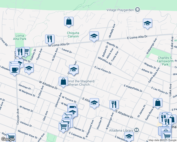 map of restaurants, bars, coffee shops, grocery stores, and more near 3111 North Fair Oaks Avenue in Altadena
