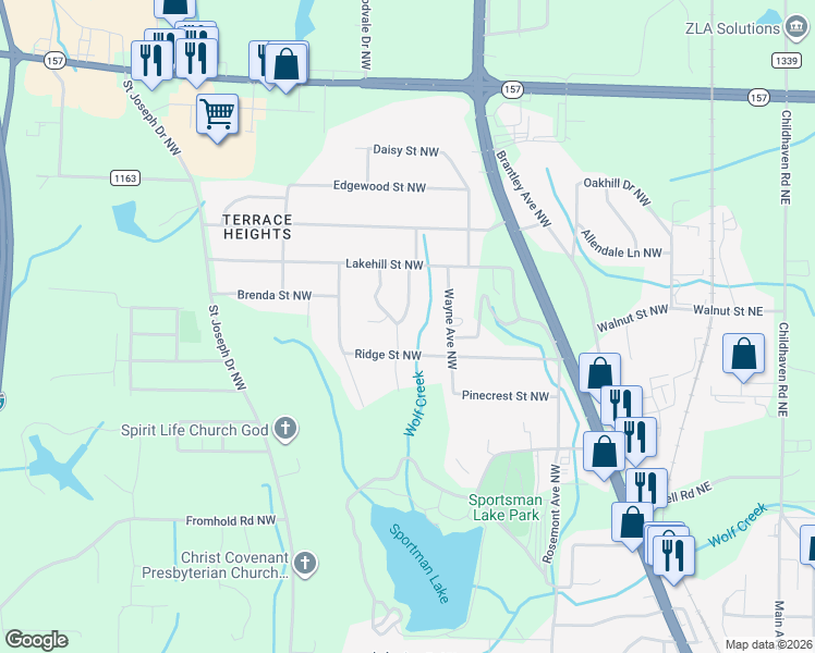 map of restaurants, bars, coffee shops, grocery stores, and more near 1742 Highland Drive Northwest in Cullman