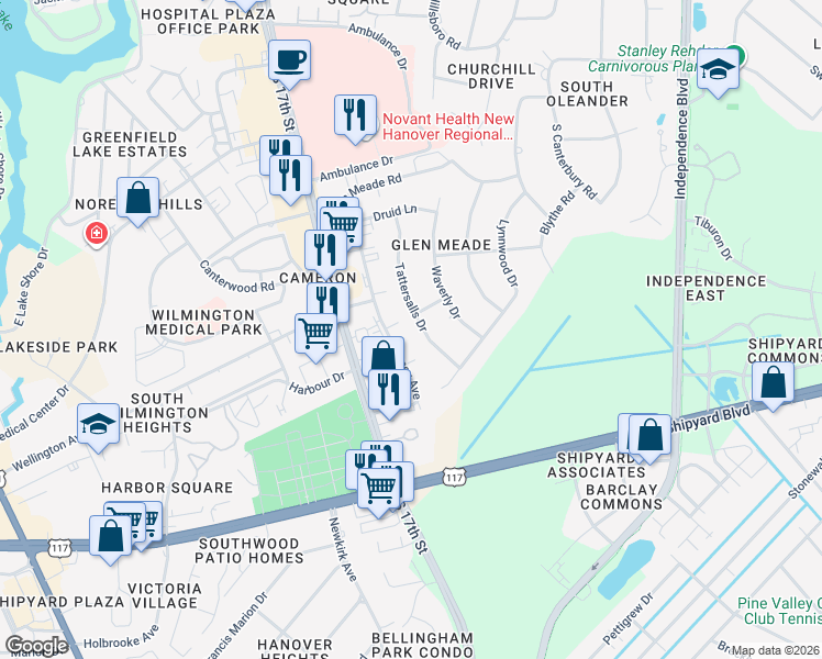 map of restaurants, bars, coffee shops, grocery stores, and more near 2314 Tattersalls Drive in Wilmington