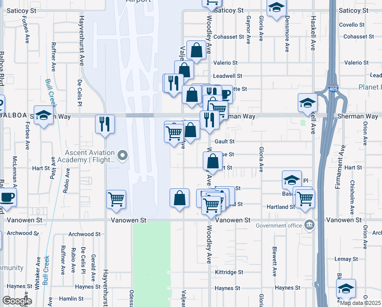 map of restaurants, bars, coffee shops, grocery stores, and more near 7032 Valjean Ave in Los Angeles