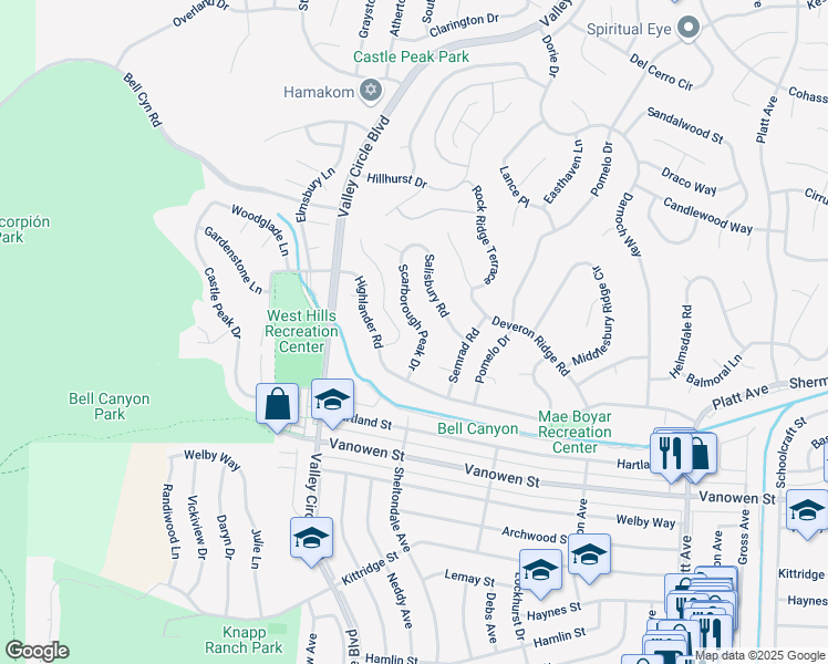 map of restaurants, bars, coffee shops, grocery stores, and more near 7031 Scarborough Peak Drive in Los Angeles