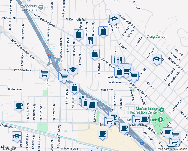 map of restaurants, bars, coffee shops, grocery stores, and more near 2150 North Lamer Street in Burbank