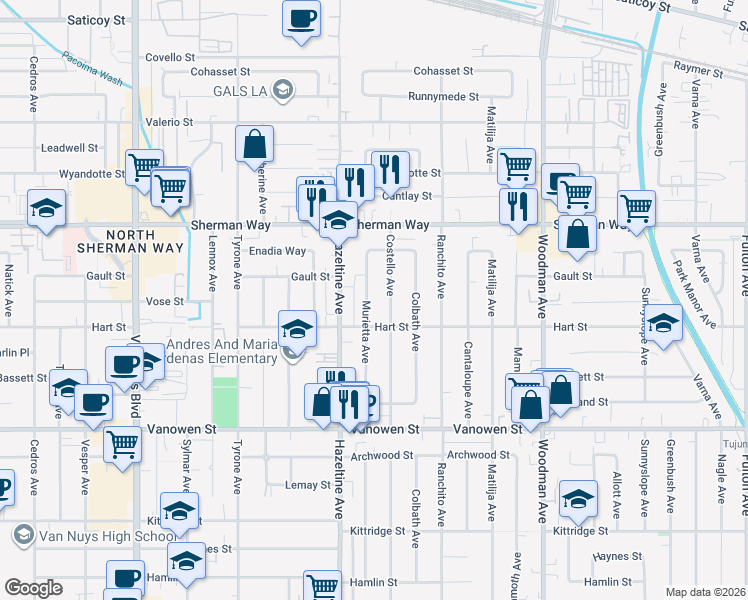 map of restaurants, bars, coffee shops, grocery stores, and more near 7032 Murietta Avenue in Los Angeles