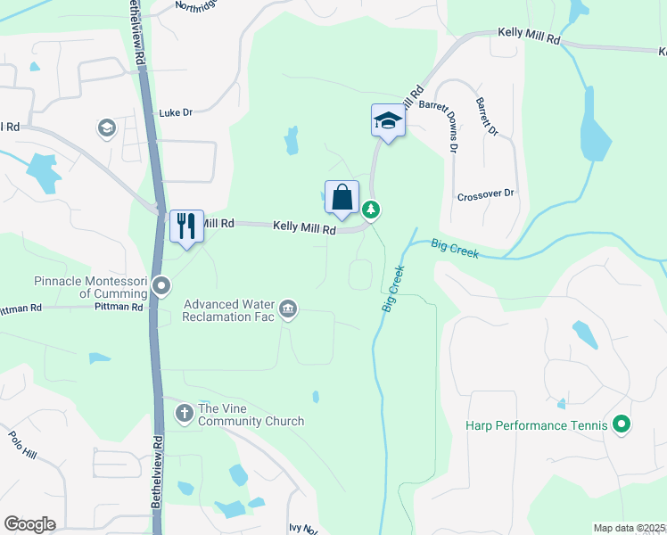 map of restaurants, bars, coffee shops, grocery stores, and more near 2145 Red Barn Court in Cumming