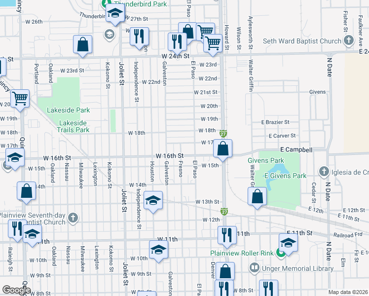 map of restaurants, bars, coffee shops, grocery stores, and more near 1606 Fresno St in Plainview