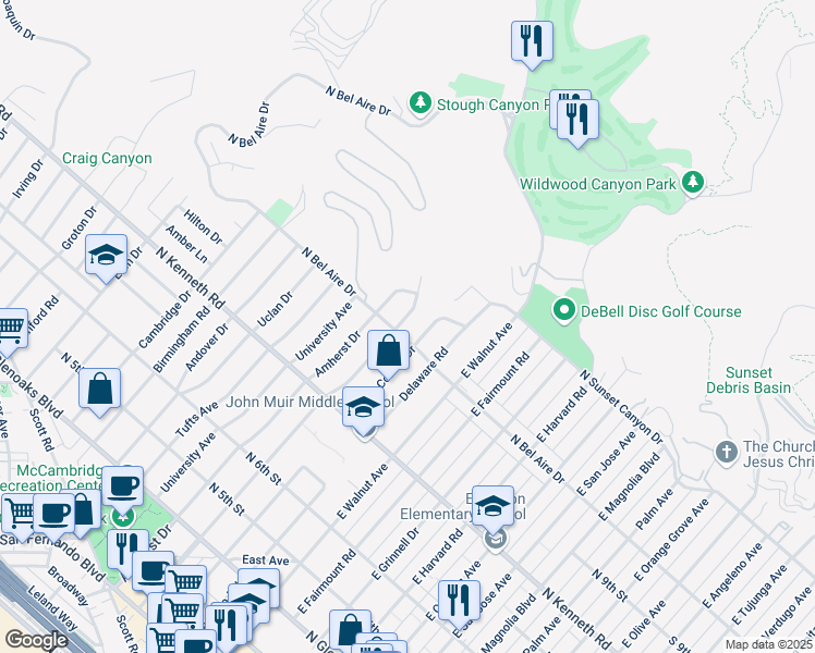 map of restaurants, bars, coffee shops, grocery stores, and more near 1006 Bethany Road in Burbank