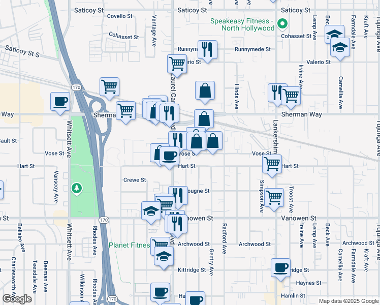 map of restaurants, bars, coffee shops, grocery stores, and more near 12019 Vose Street in Los Angeles