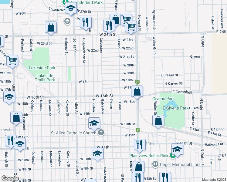 map of restaurants, bars, coffee shops, grocery stores, and more near 1606 Fresno Street in Plainview