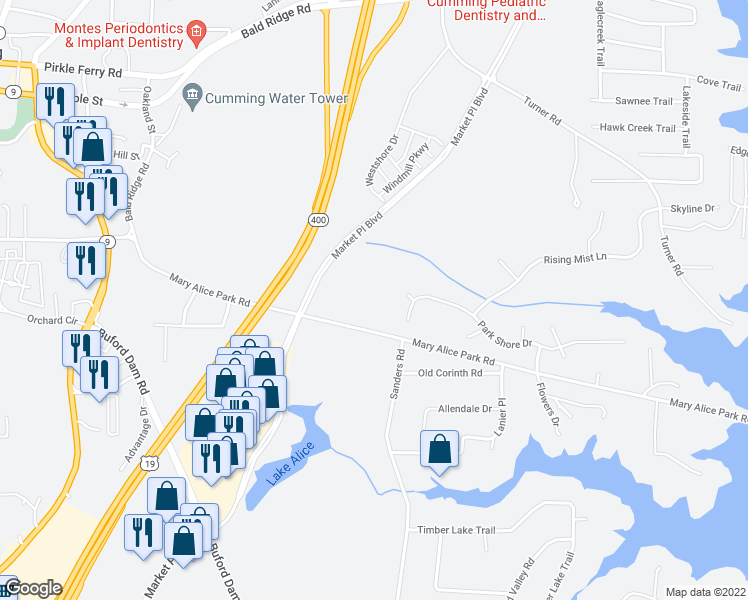 map of restaurants, bars, coffee shops, grocery stores, and more near 355 Mary Alice Park Road in Cumming