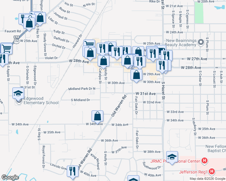 map of restaurants, bars, coffee shops, grocery stores, and more near 2819 West 31st Avenue in Pine Bluff
